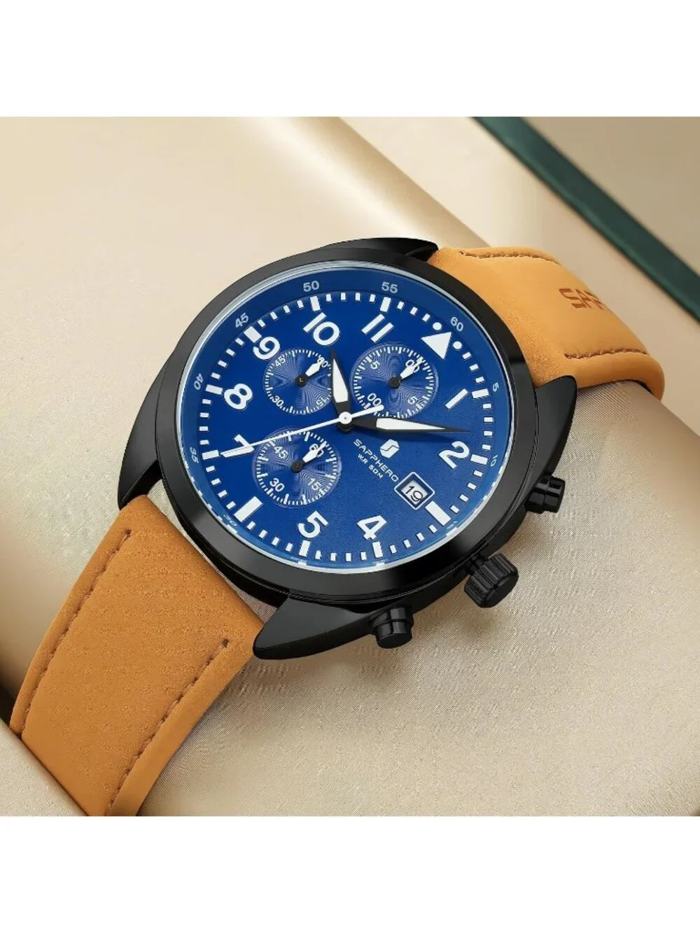 Men's Black/Blue Numeral Dial Leather Strap Analog Quartz Elegant Wrist Watch